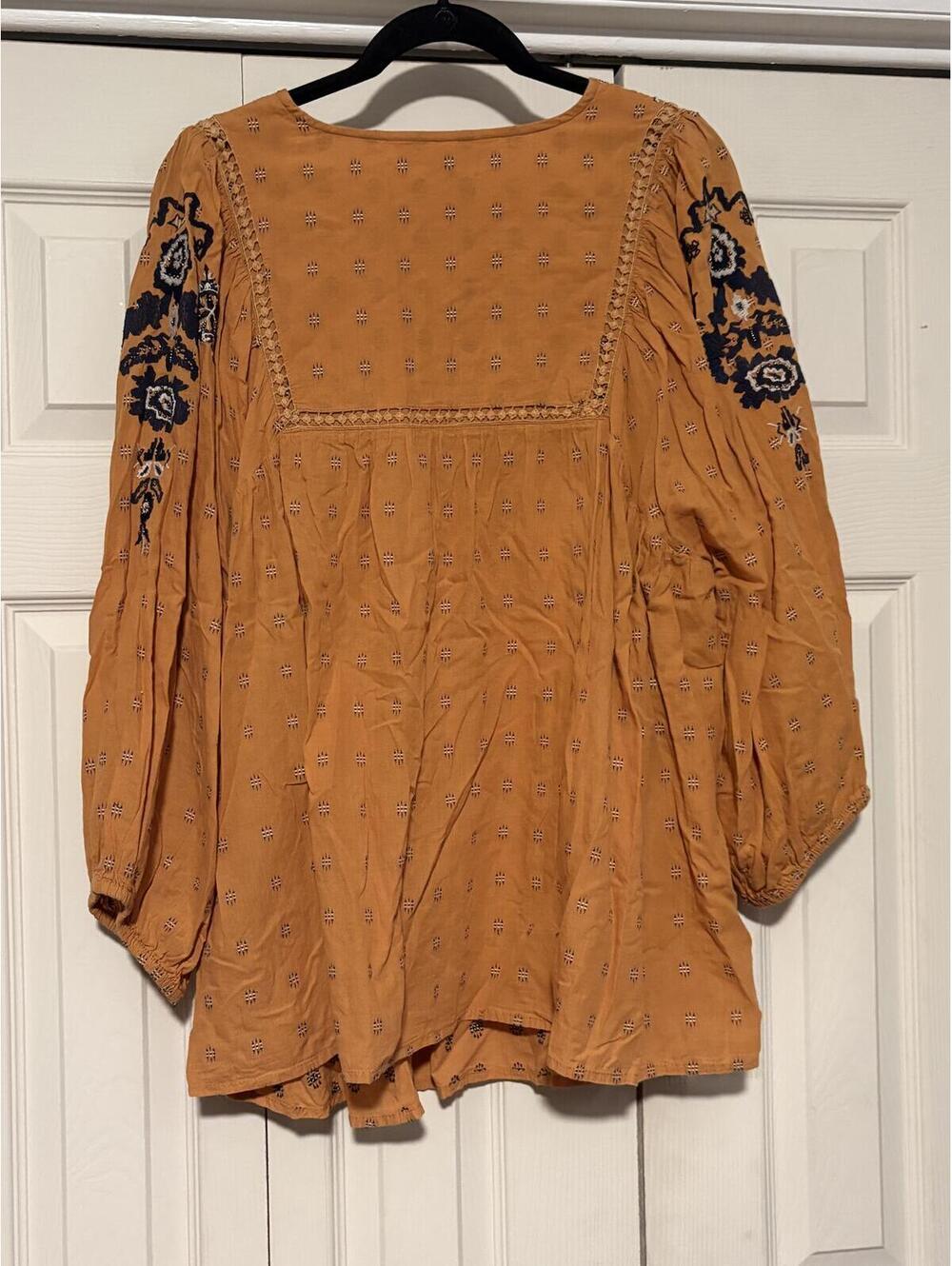 Tantrums Blouse Womens XXL Mustard Embroidered Boho Peasant Tassel Folk Top - Picture 8 of 10